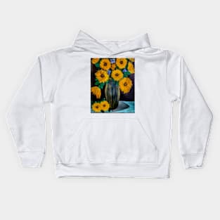 sunflowers in a metallic blue and gold vase Kids Hoodie